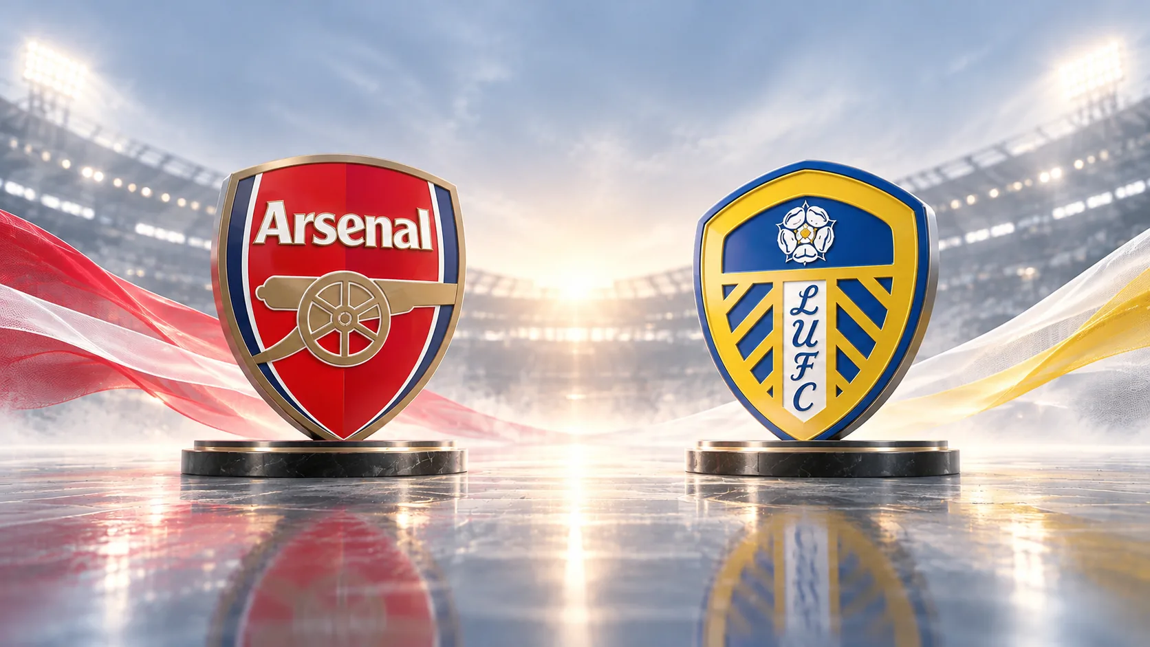 Arsenal and Leeds United crests in a luminous stadium setting ahead of their Premier League match on 10 October 2026