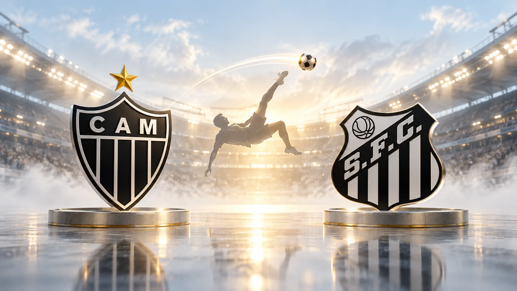 Atlético Mineiro and Santos crests in a luminous stadium, with a bicycle-kick silhouette representing Thiago Borbas's stoppage-time winning goal