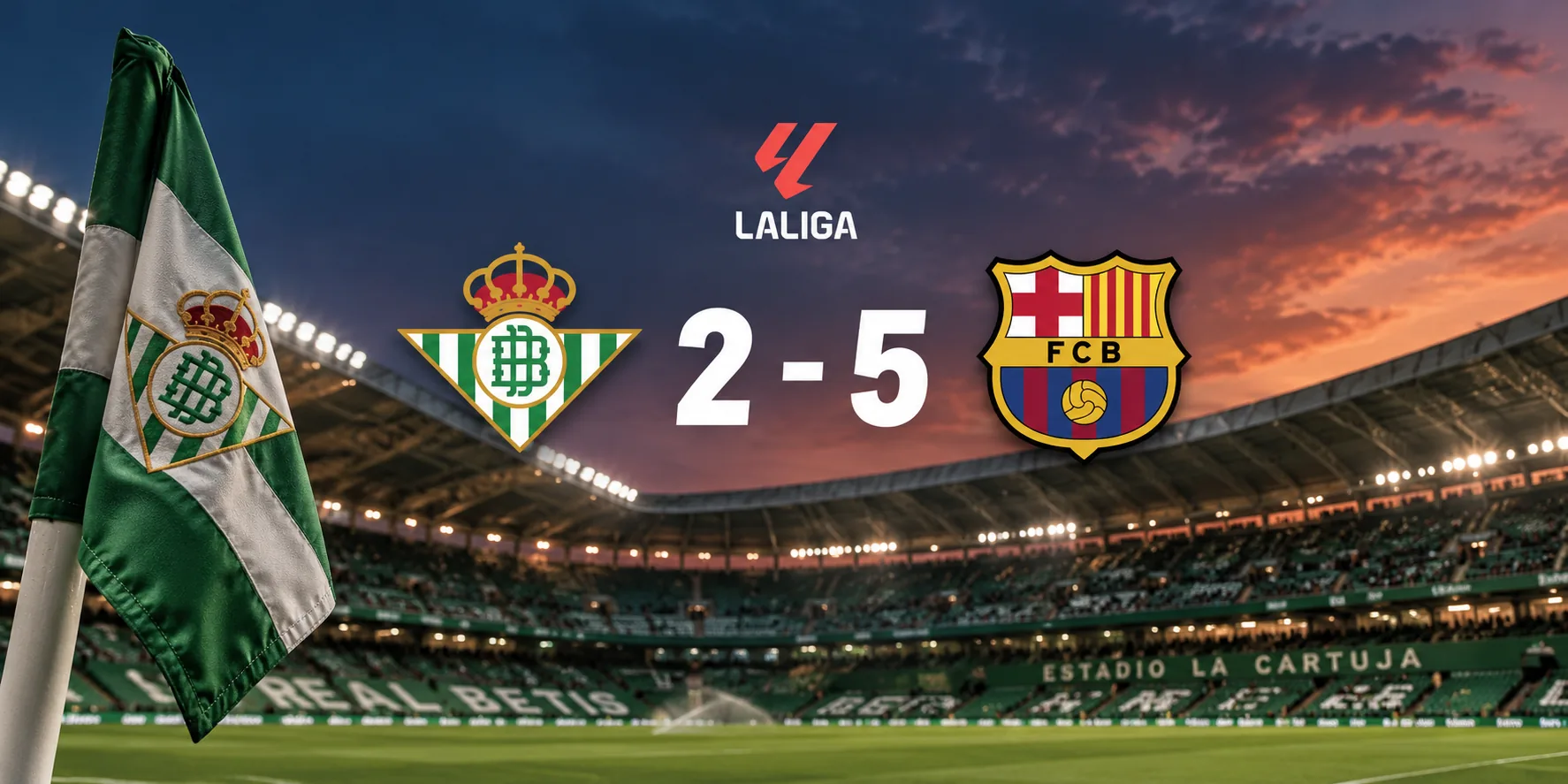 Editorial illustration of Barcelona's 5–2 win over Real Betis and ninth consecutive LaLiga victory