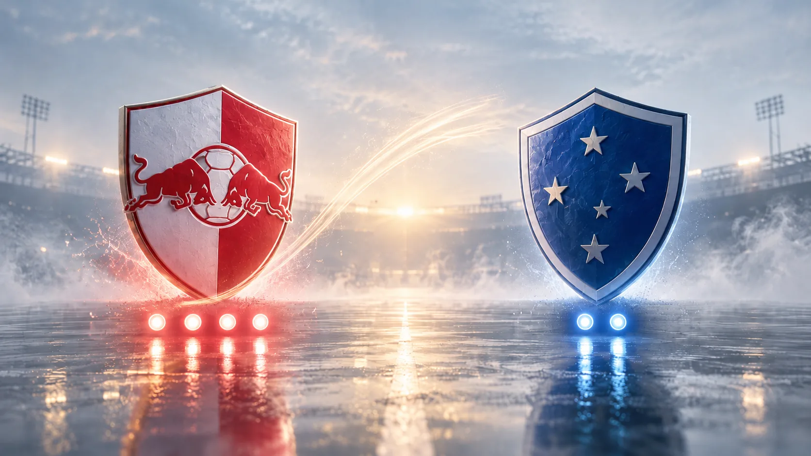 Red Bull Bragantino and Cruzeiro crests in a luminous stadium illustration representing Bragantino's 4-2 Brazilian Serie A victory in October 2026