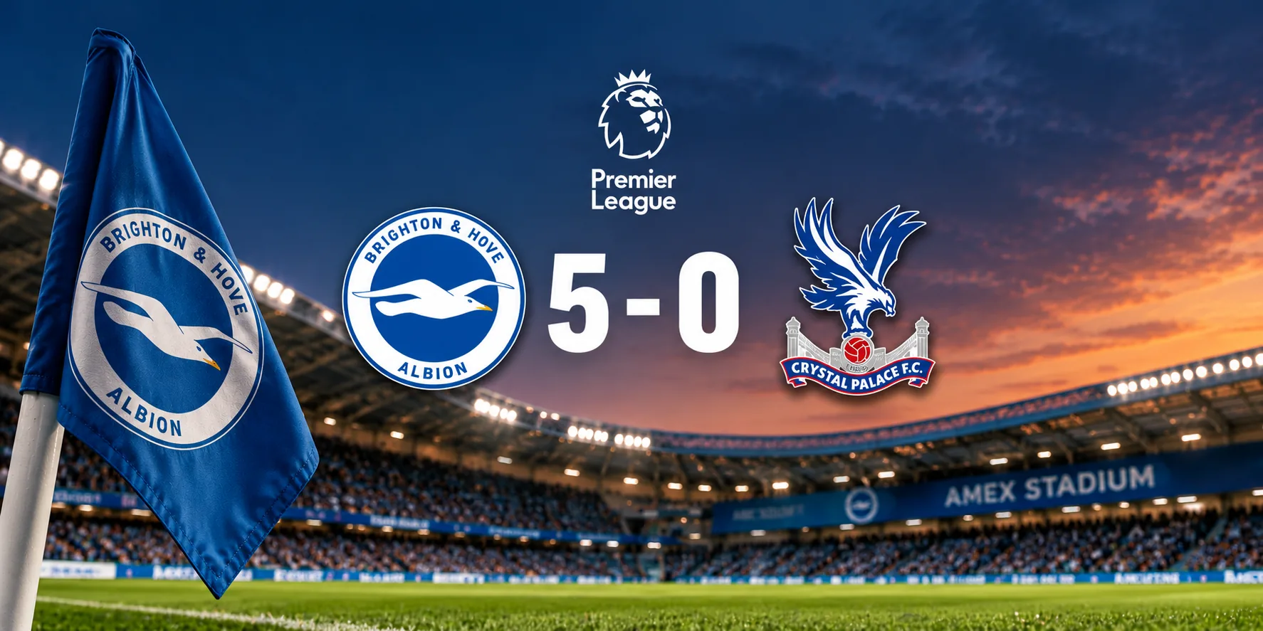 Editorial illustration of Brighton's 5–0 win over Crystal Palace and Diego Gómez's 51.3-metre goal