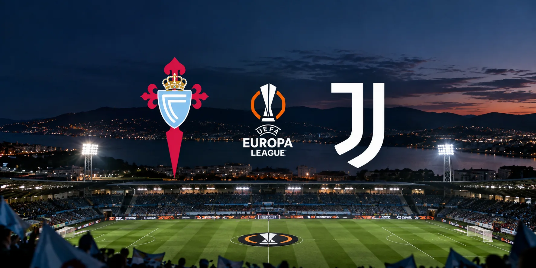 BetLogic illustration featuring Celta Vigo and Juventus crests, representing Juventus' 2–1 Europa League comeback victory in Vigo.