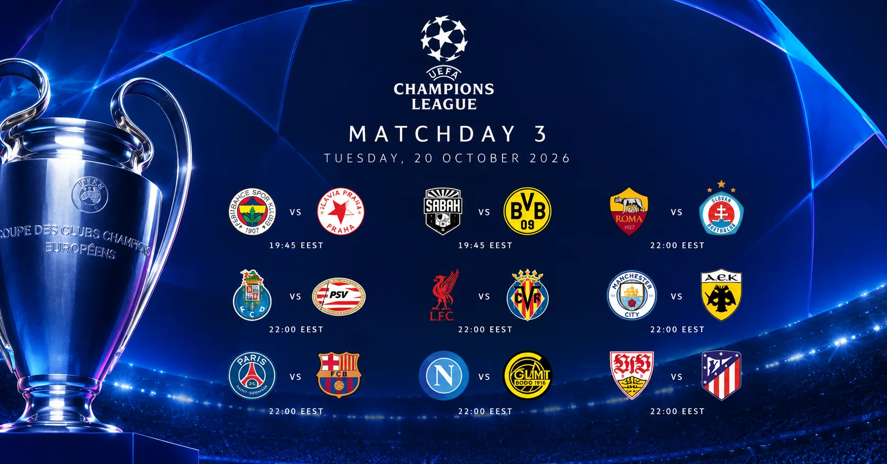 Editorial illustration for the nine Champions League Matchday 3 fixtures on Tuesday 20 October 2026