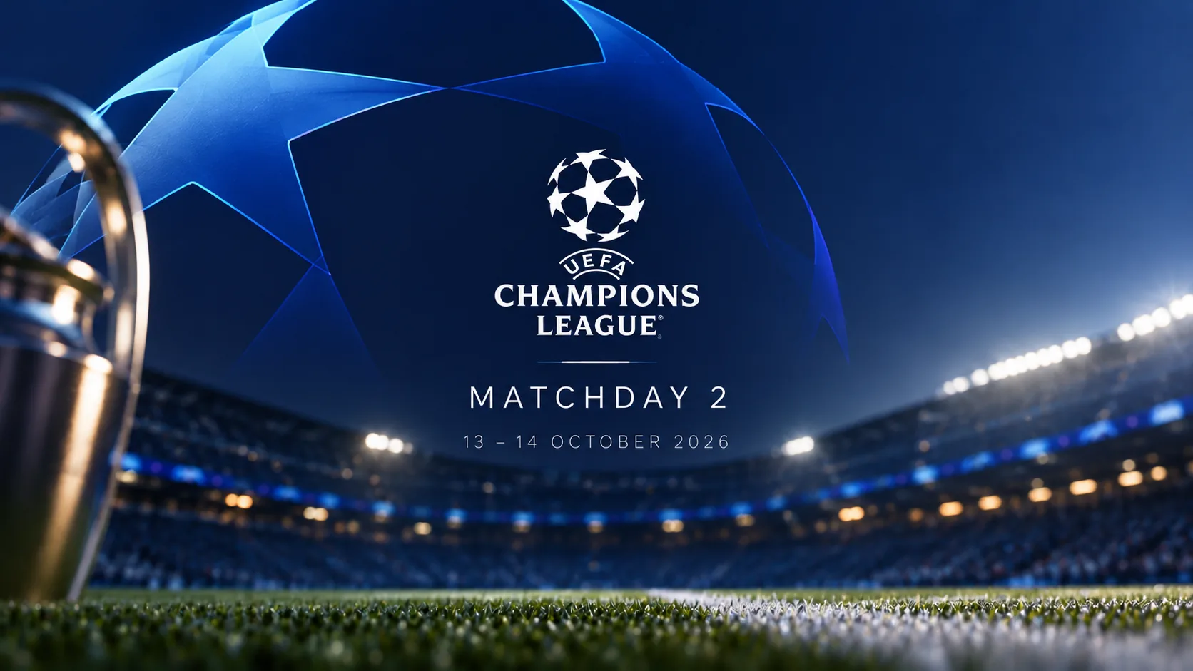 BetLogic editorial illustration featuring a football, the Champions League trophy and a floodlit stadium, representing the record-breaking 2026/27 Matchday 2.