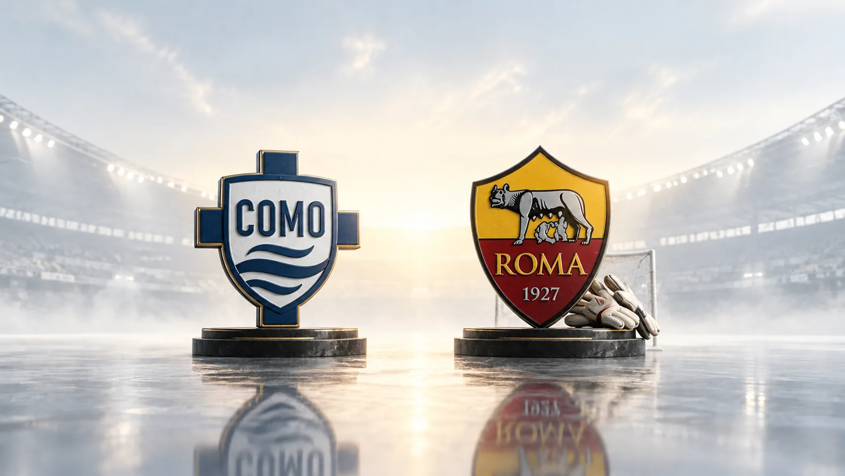 BetLogic editorial illustration featuring Como and AS Roma crests with goalkeeper gloves, representing Roma's 0–0 draw and Pierluigi Gollini's performance in Mile Svilar's absence.