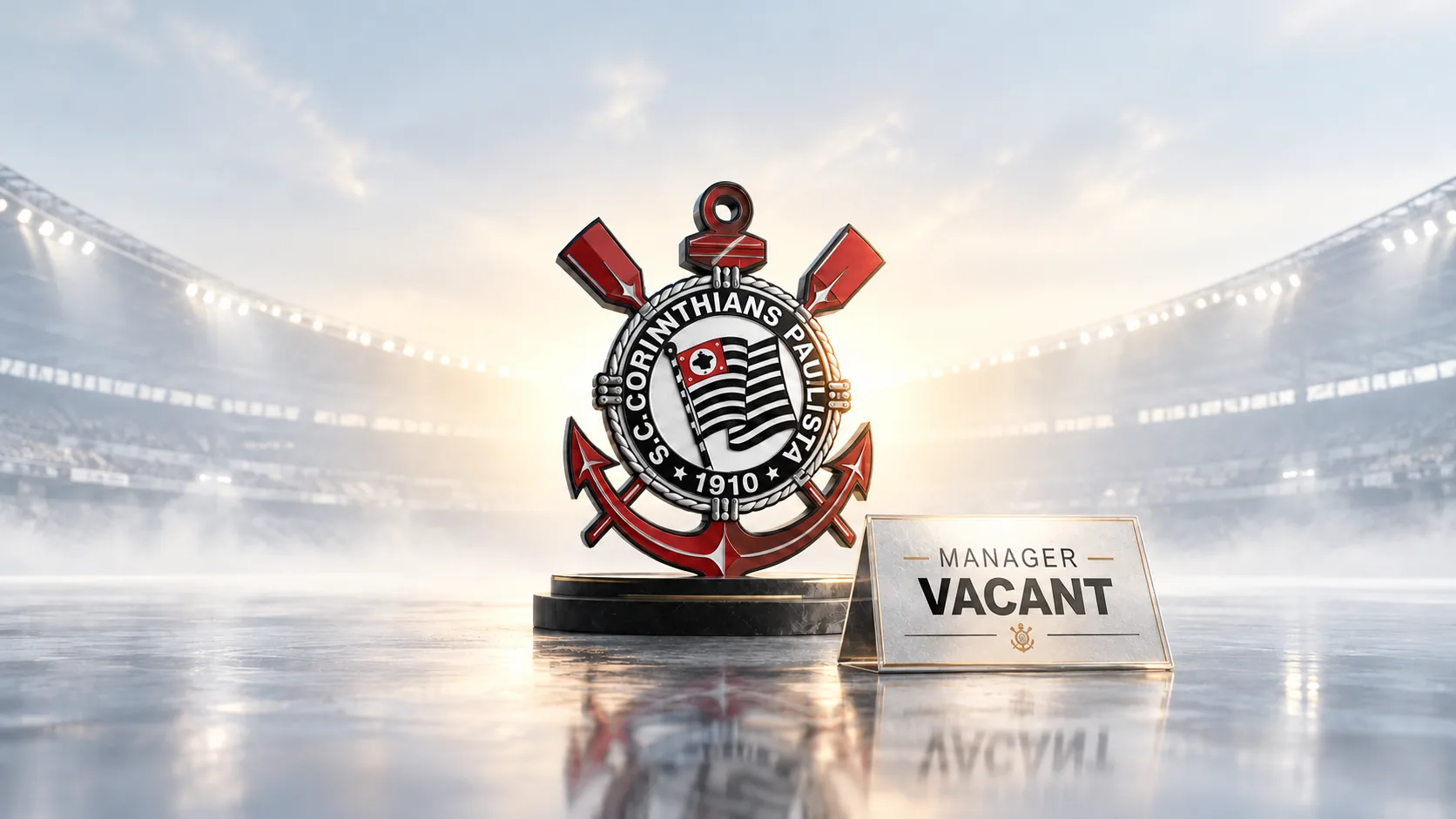 BetLogic editorial illustration featuring the Corinthians crest and a managerial vacancy sign, representing the transition from Fernando Diniz to Clarence Seedorf in October 2026.