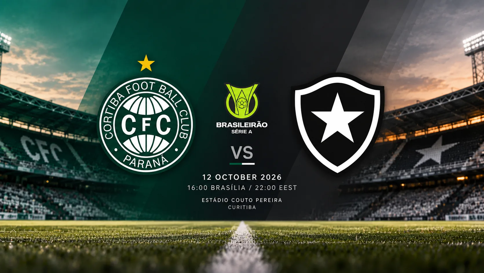 BetLogic editorial illustration featuring Coritiba and Botafogo club crests, representing their 1–1 draw in the Brazilian Série A on 12 October 2026.
