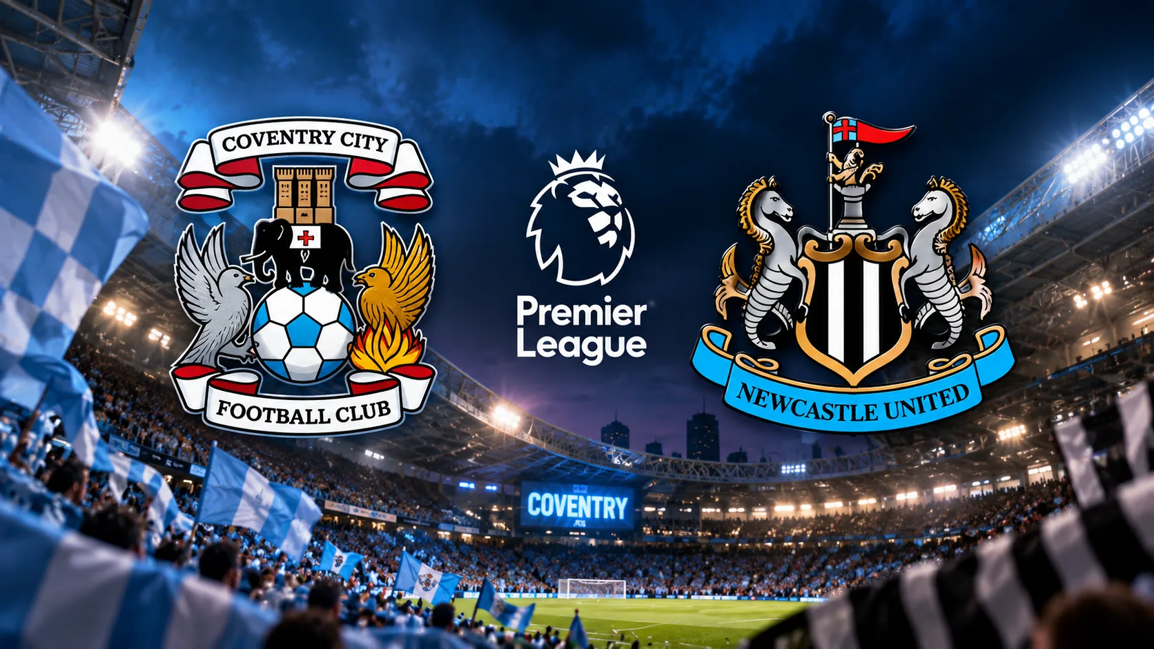 Coventry City and Newcastle United crests above a floodlit Premier League stadium, illustrating Coventry's historic 4-1 home victory in October 2026