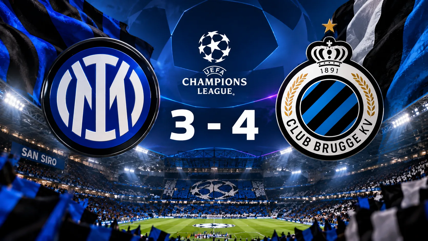 Inter Milan and Club Brugge crests at San Siro with the 3–4 Champions League score, highlighting Nicolò Tresoldi's hat-trick on 13 October 2026