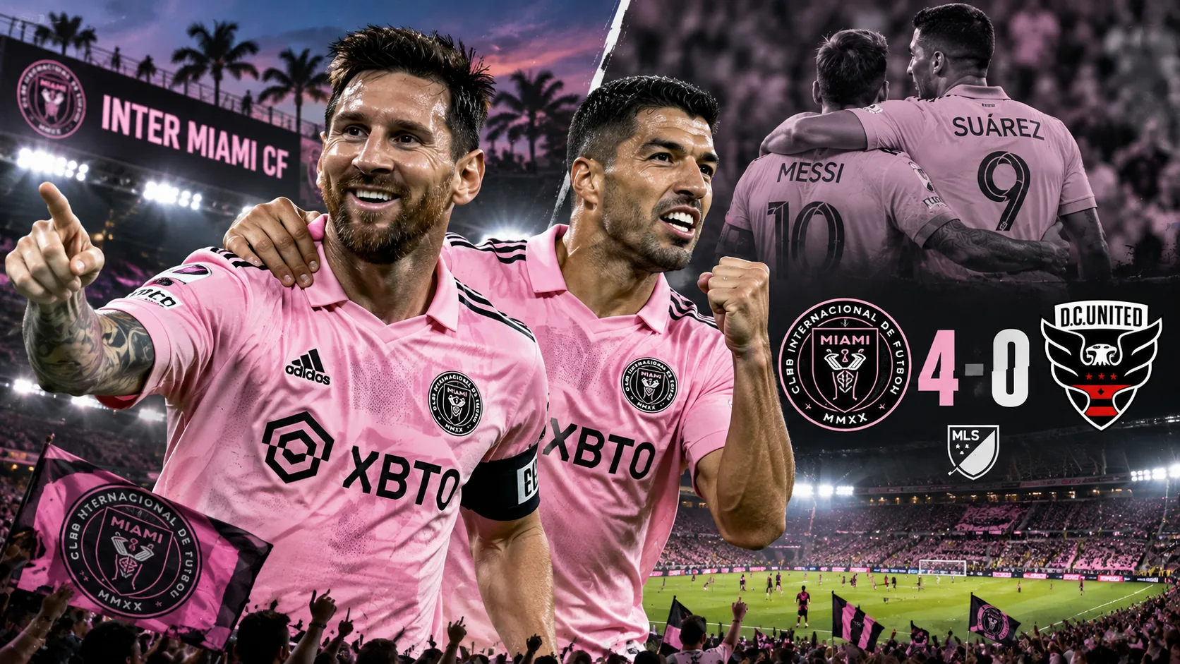 Editorial illustration of Lionel Messi and Luis Suárez celebrating Inter Miami's 4-0 victory over D.C. United in October 2026
