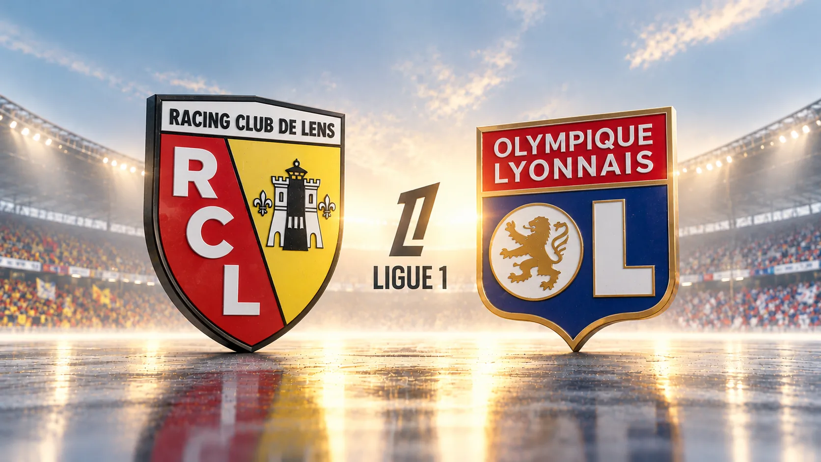 RC Lens and Olympique Lyonnais crests in a floodlit stadium ahead of their Ligue 1 meeting on 9 October 2026