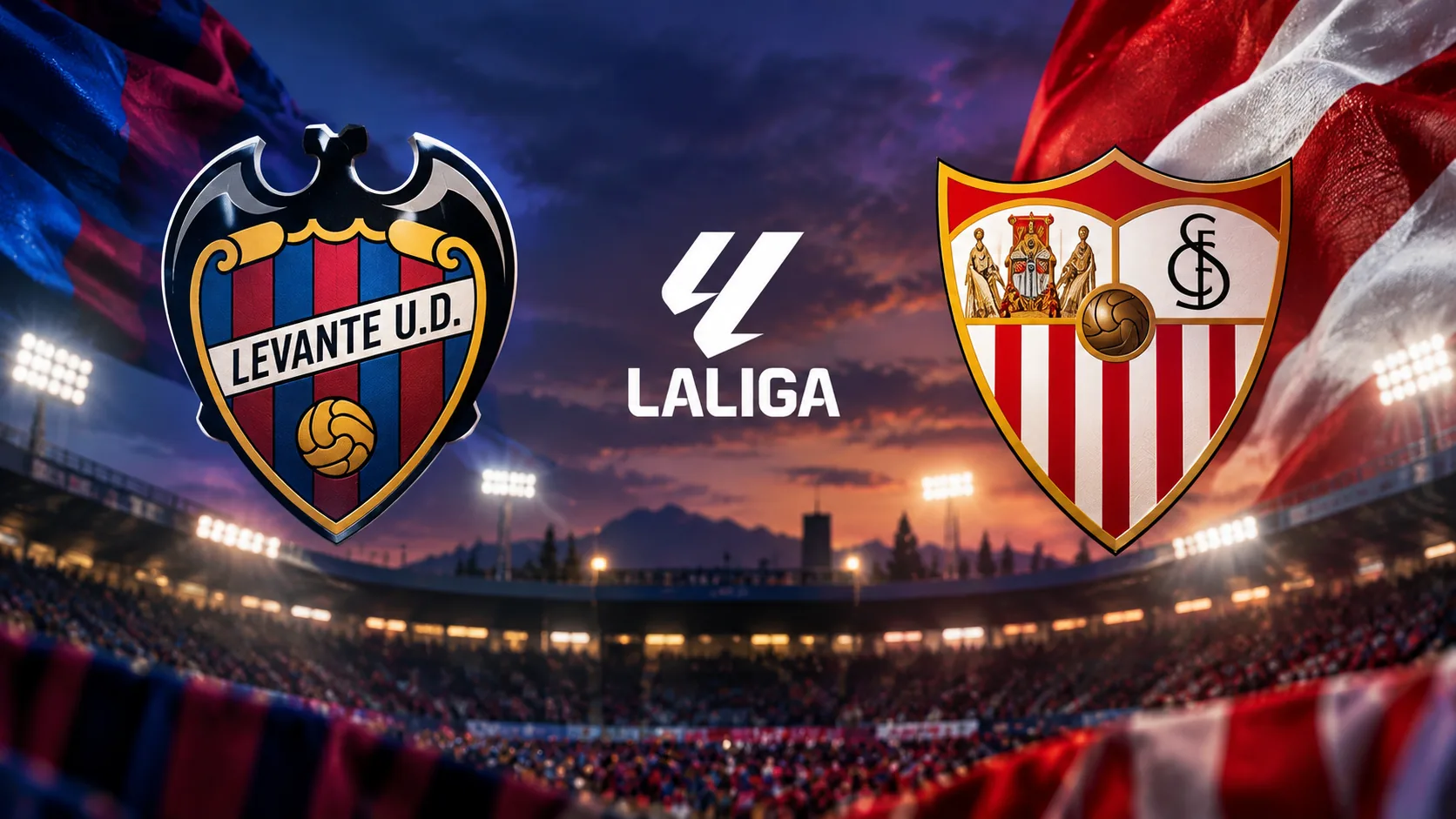 Levante UD and Sevilla FC crests above a floodlit stadium, illustrating their dramatic 3–3 LaLiga draw in October 2026