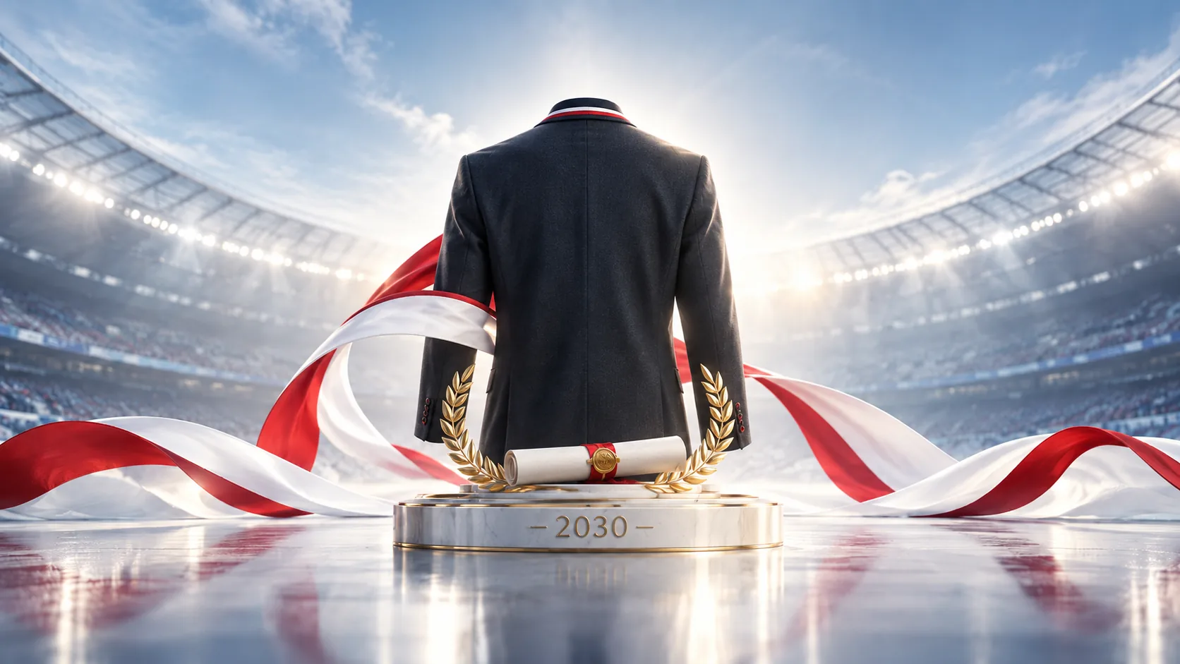 Illustration of a manager's suit, ceremonial contract and Arsenal-inspired red-and-white ribbons marking Mikel Arteta's new deal until 2030 Copy