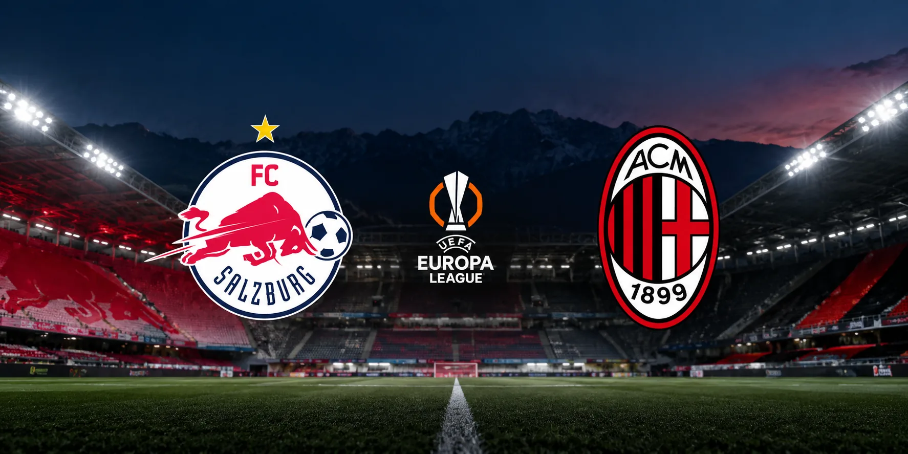 BetLogic editorial illustration of Red Bull Salzburg and AC Milan crests representing Milan's 4–0 Europa League victory and Alphadjo Cisse's hat-trick.