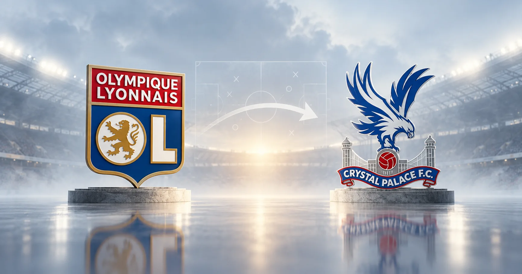 BetLogic illustration of Lyon and Crystal Palace crests at a floodlit stadium, representing Lyon's 3–2 victory on Pierre Sage's return.