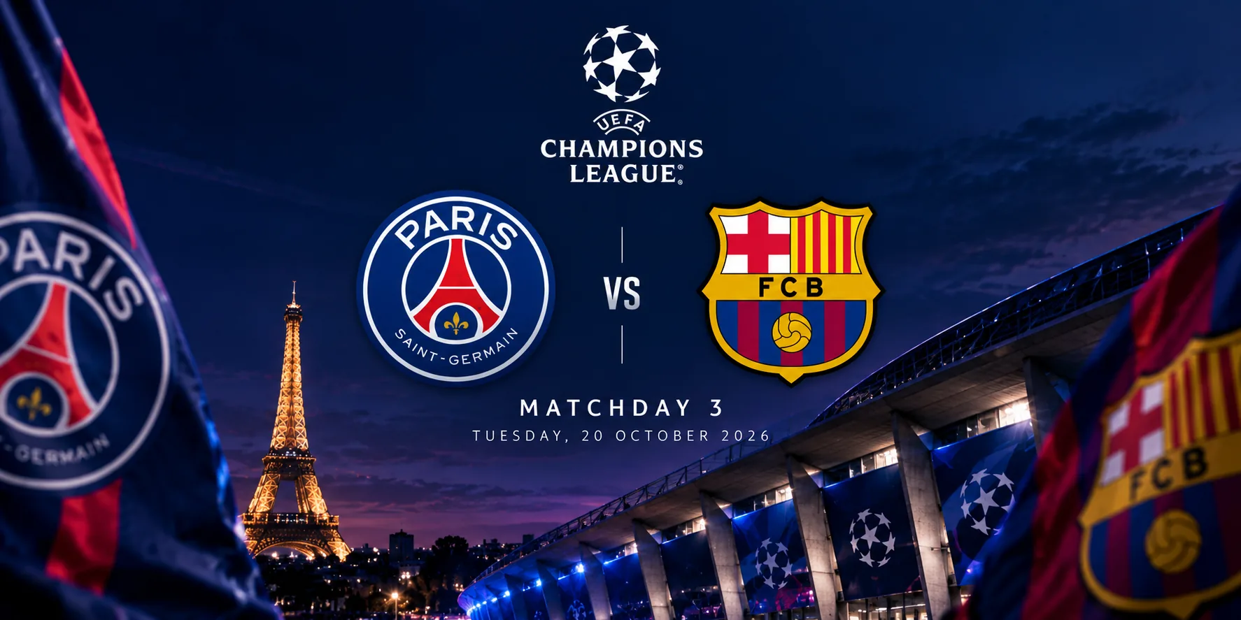 Editorial illustration of PSG's 4–2 Champions League victory against Barcelona on 20 October 2026