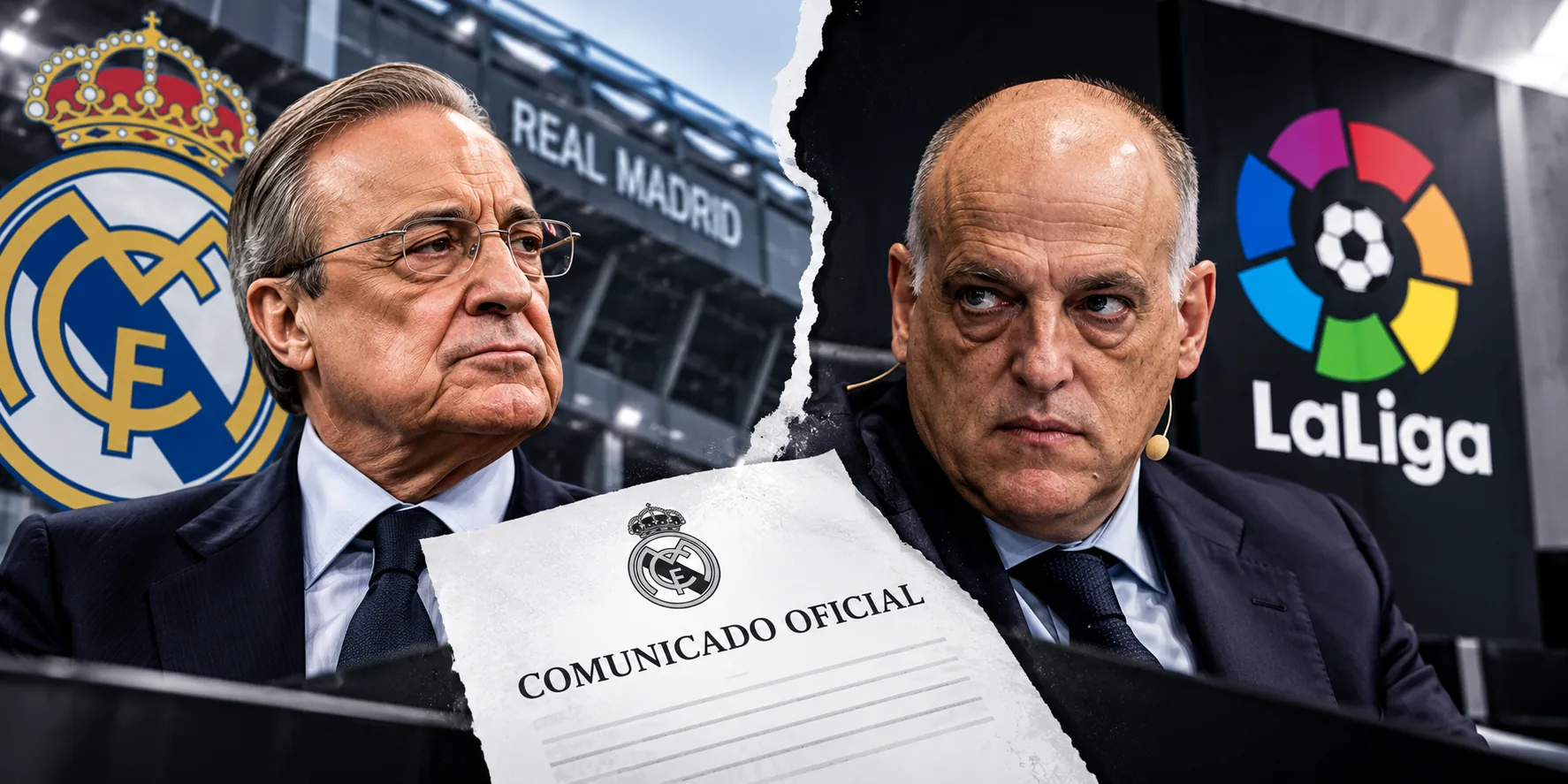 Editorial illustration representing the institutional dispute between Real Madrid and LaLiga president Javier Tebas