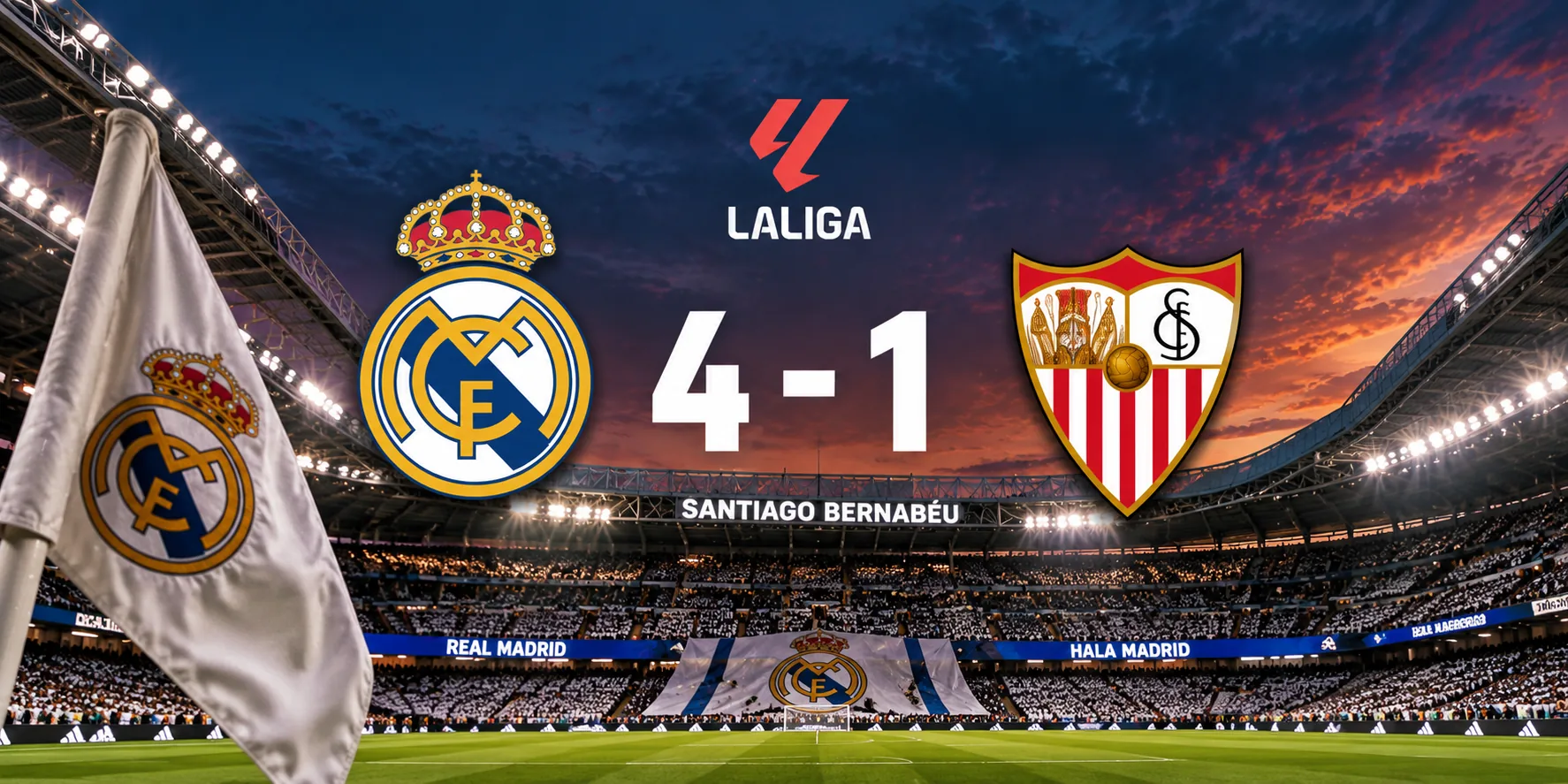 Editorial illustration of Real Madrid's 4–1 LaLiga victory over Sevilla before El Clásico