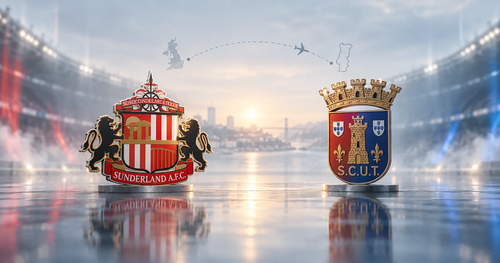 BetLogic editorial illustration featuring Sunderland and Torreense crests and the journey to Portugal, representing Sunderland's dramatic 2–1 Europa League victory.