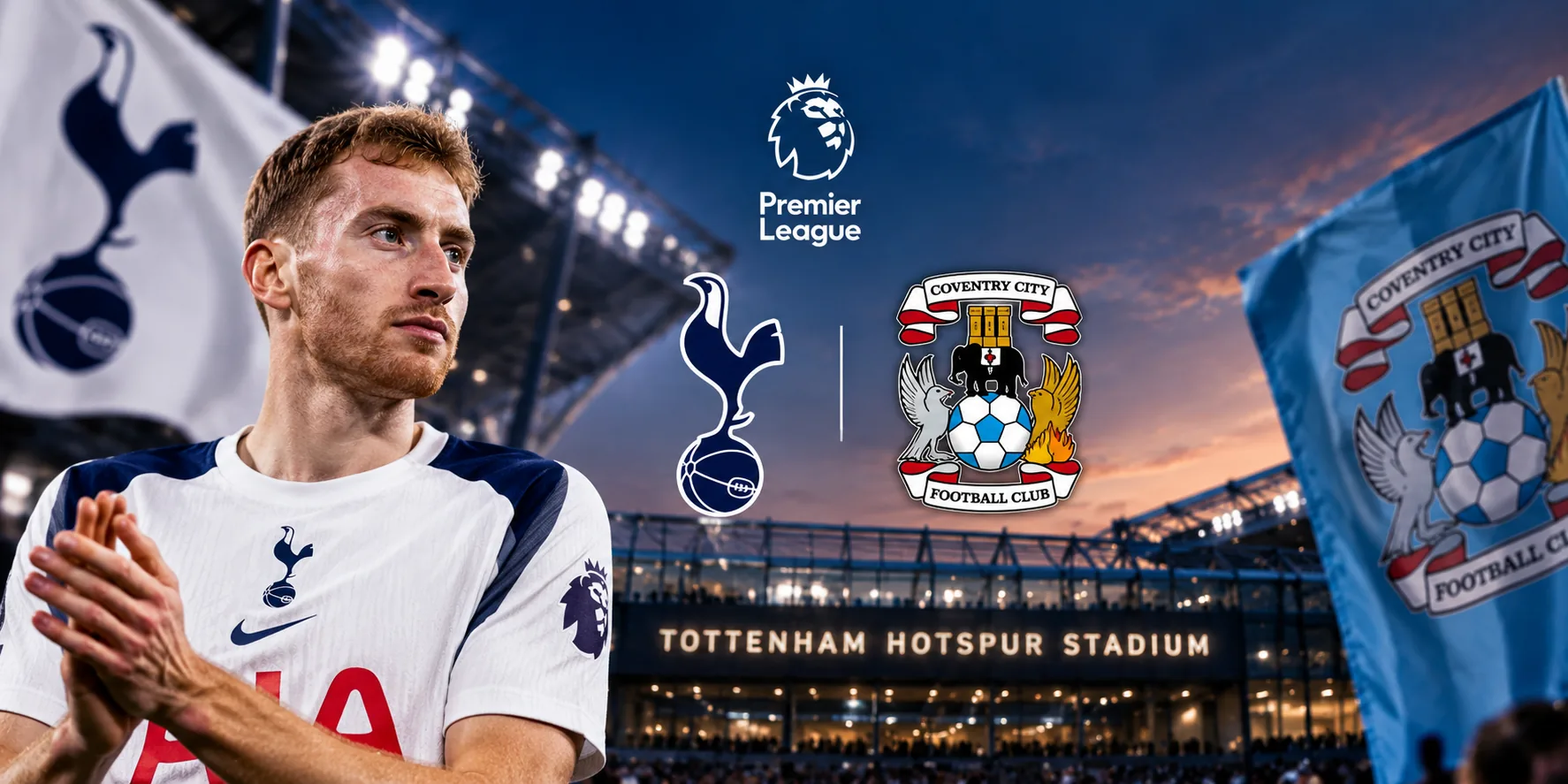 Editorial illustration for Tottenham vs Coventry on 19 October 2026 as Dejan Kulusevski returns to the Spurs squad