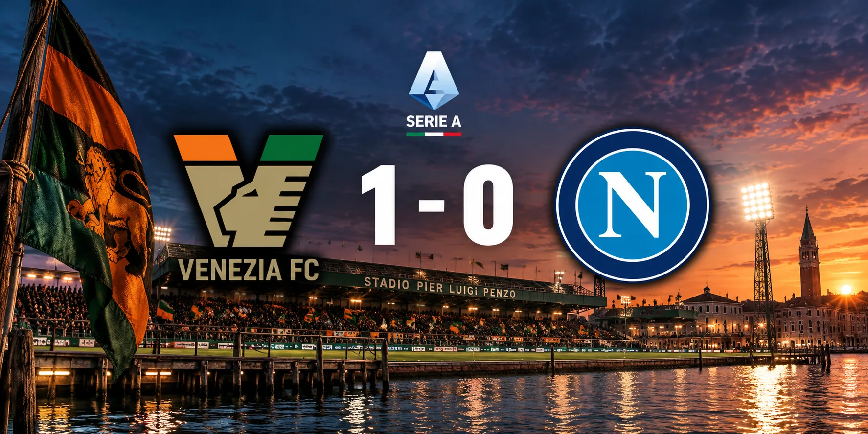 Editorial illustration of Venezia's 1–0 win over Napoli and Filip Stanković's penalty save