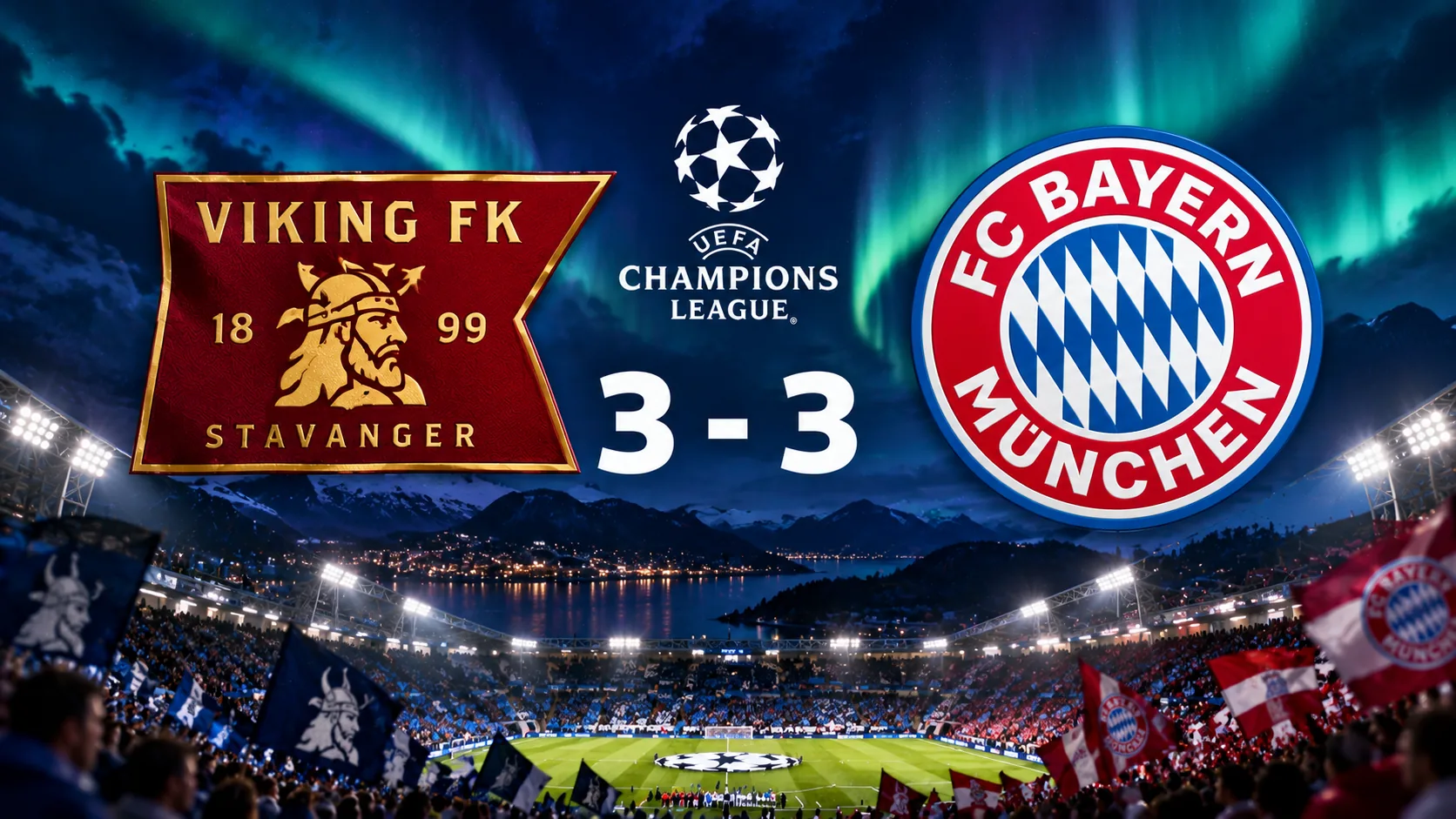 BetLogic editorial illustration of Viking FK and Bayern München following their 3–3 Champions League draw on 13 October 2026, featuring the two club crests and the final score.