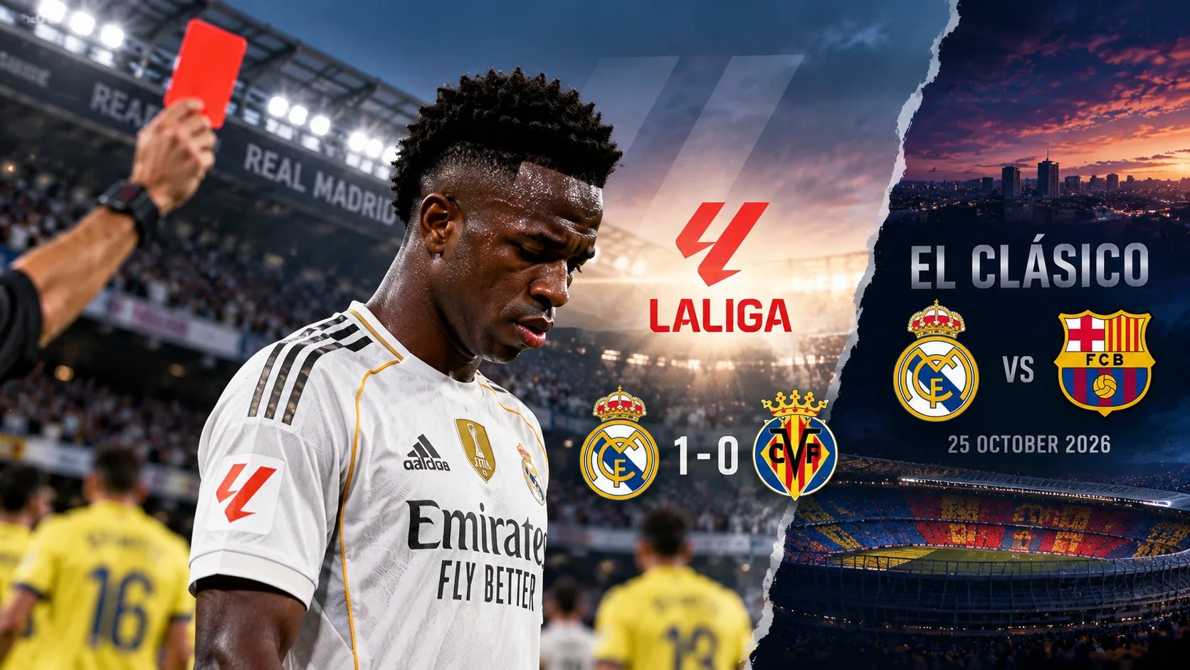 Editorial illustration of Vinícius Júnior receiving a red card against Villarreal, with a potential El Clásico suspension ahead